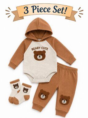NWT Baby Essentials 3 Piece Baby Boy Bear Hoodie Outfit Set Size 3 Months Cute